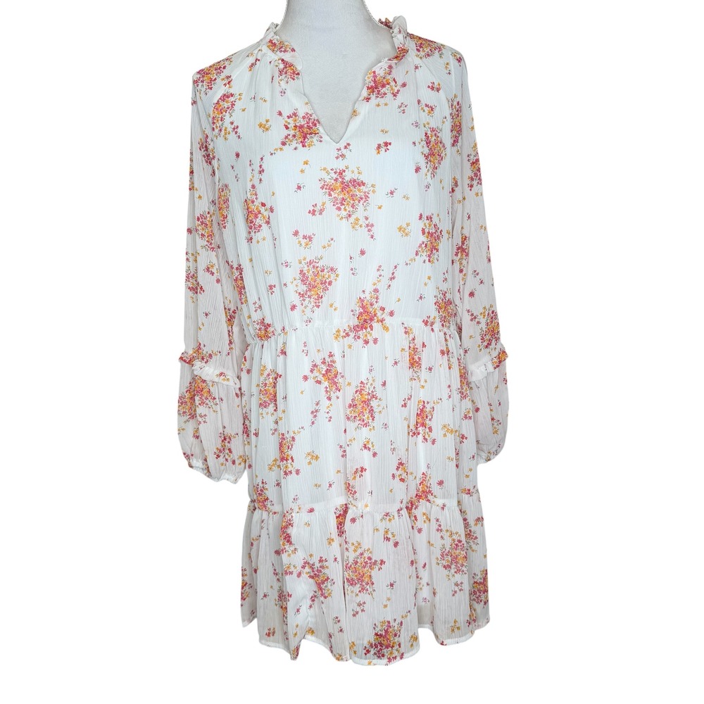 Vince Camuto Women White Pink Floral Tiered Ruffle Shift Dress Large Cottagecore